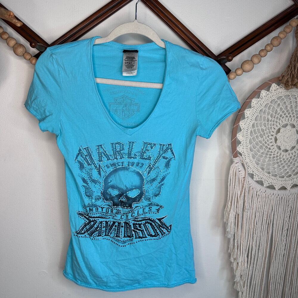 Harley Davidson Blue Skull Bling V Neck T